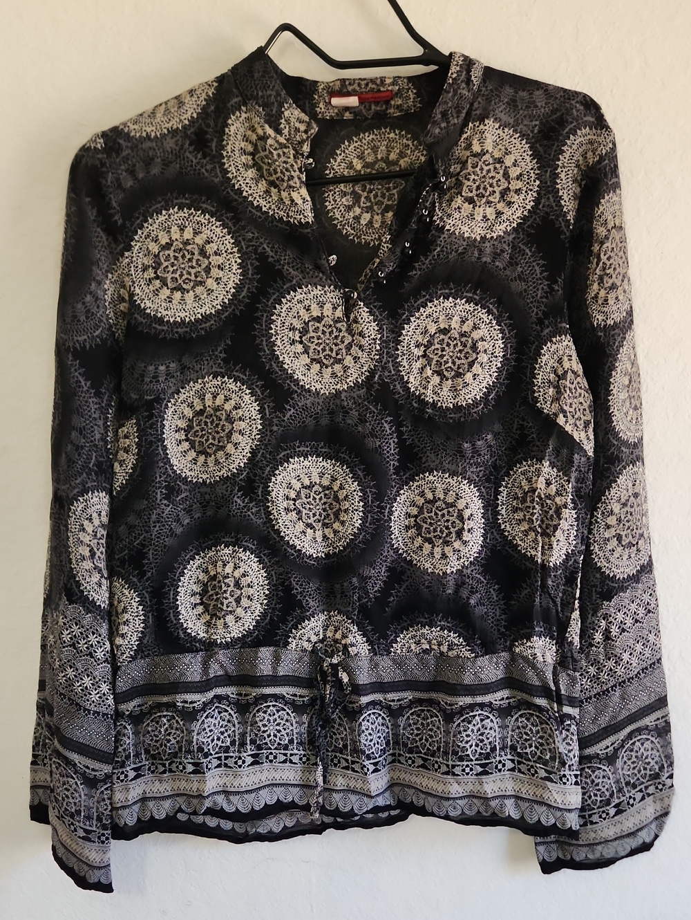 Y2k Boho Chic Black Grey Mandala Print Peasant Blouse Size M